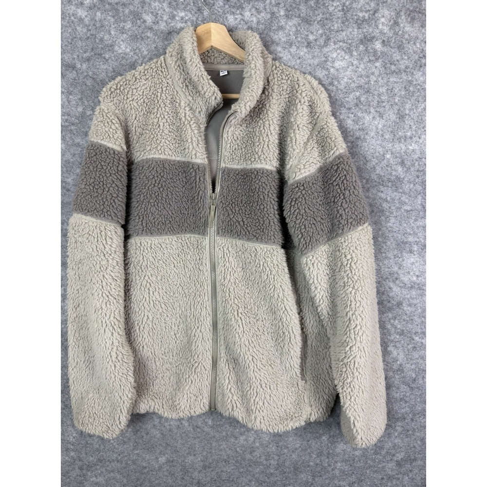 Uniqlo Sherpa Jacket Mens Large Color block Beige Fleece Full Zip Windoroof Gray
